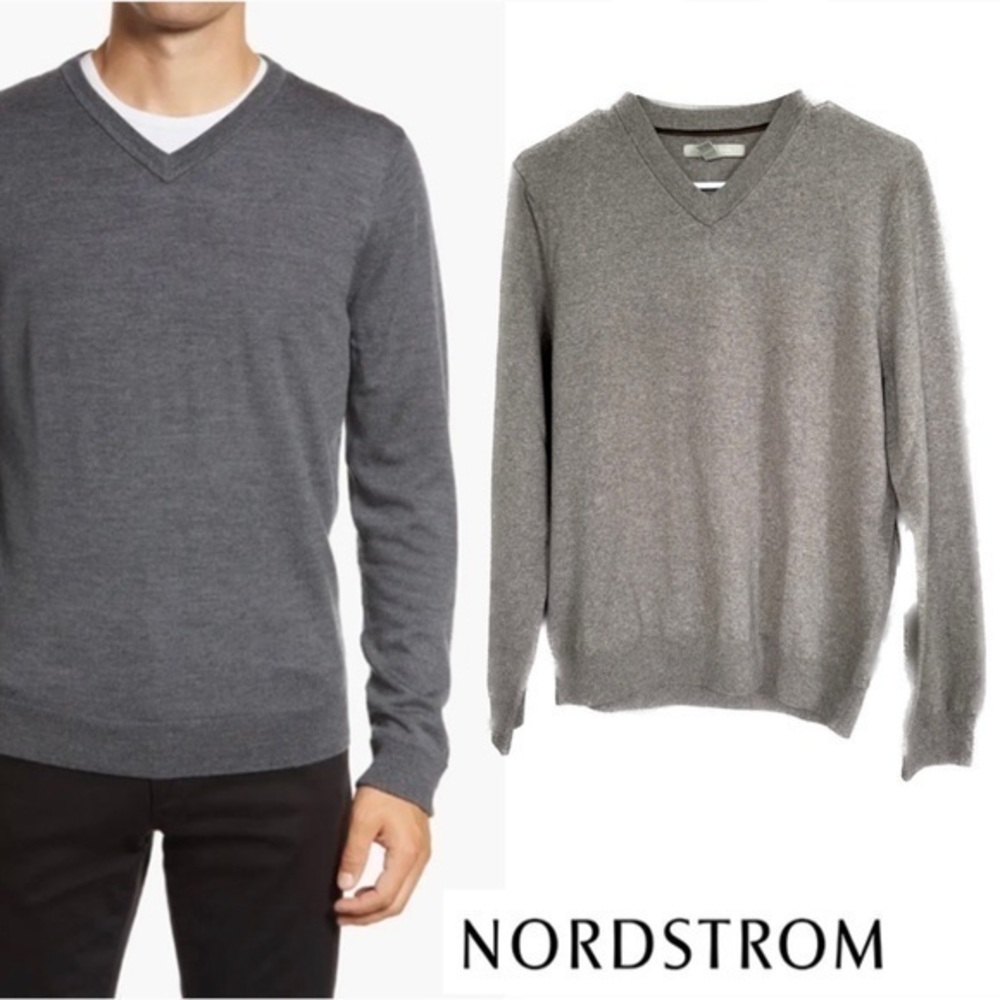 💥SALE💥 Nordstrom NWOT Merino Wool V-neck Ling Sleeve Gray Sweater S
